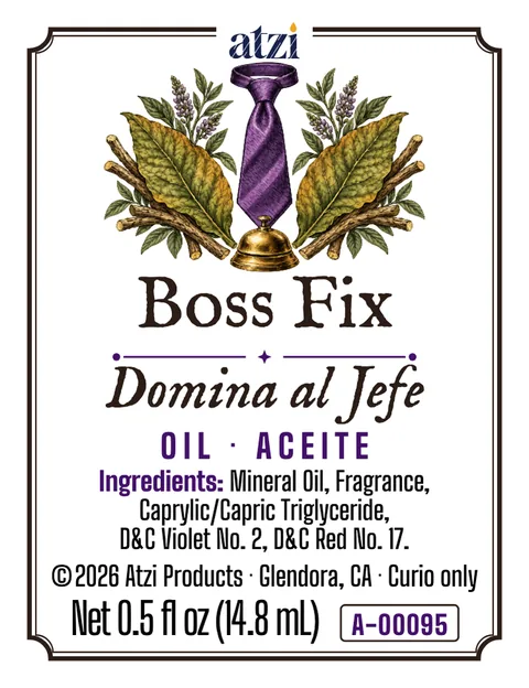 Etiqueta frontal del aceite espiritual Domina al Jefe