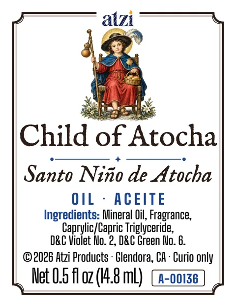 Front label of Child of Atocha spiritual oil