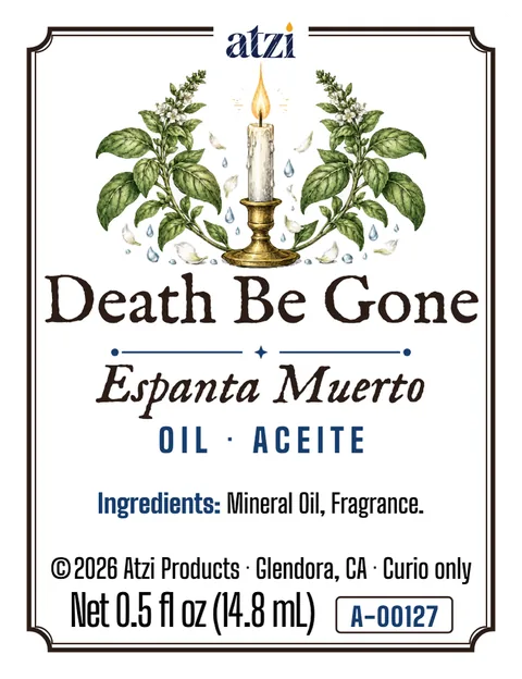 Front label of Death Be Gone spiritual oil
