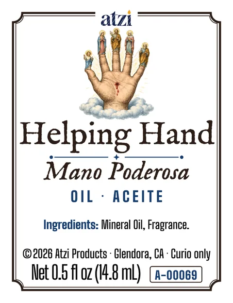Etiqueta frontal del aceite espiritual Mano Poderosa