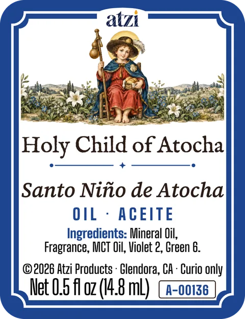 Front label of Holy Child of Atocha spiritual oil