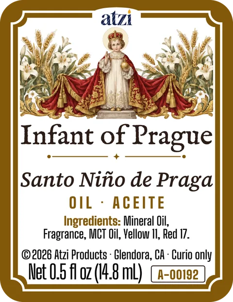 Front label of Infant of Prague spiritual oil