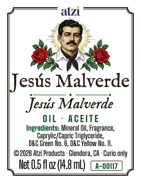 Front label of Jesús Malverde spiritual oil