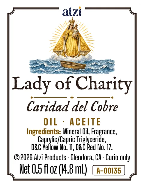 Front label of Lady of Charity spiritual oil