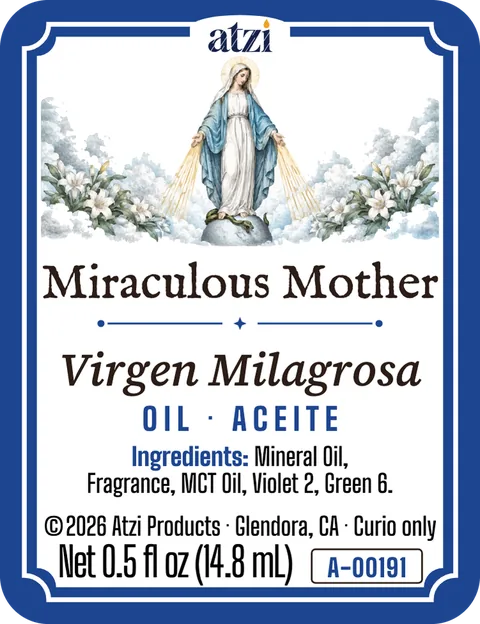 Etiqueta frontal del aceite espiritual Virgen Milagrosa