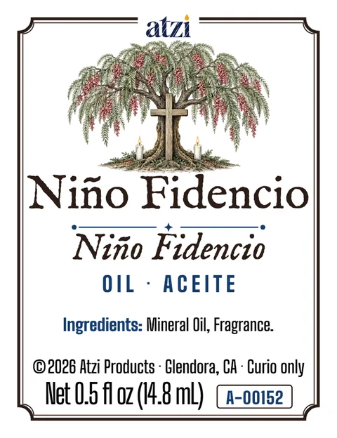 Etiqueta frontal del aceite espiritual Niño Fidencio