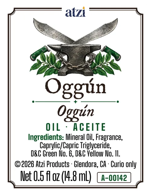 Front label of Oggún spiritual oil