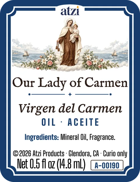 Etiqueta frontal del aceite espiritual Virgen del Carmen