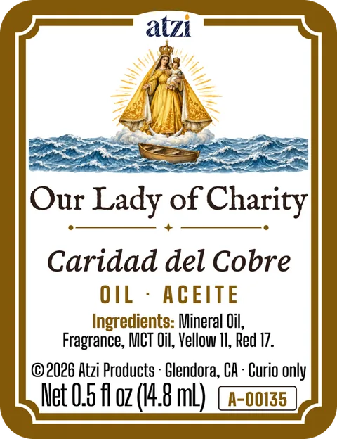 Front label of Our Lady of Charity spiritual oil