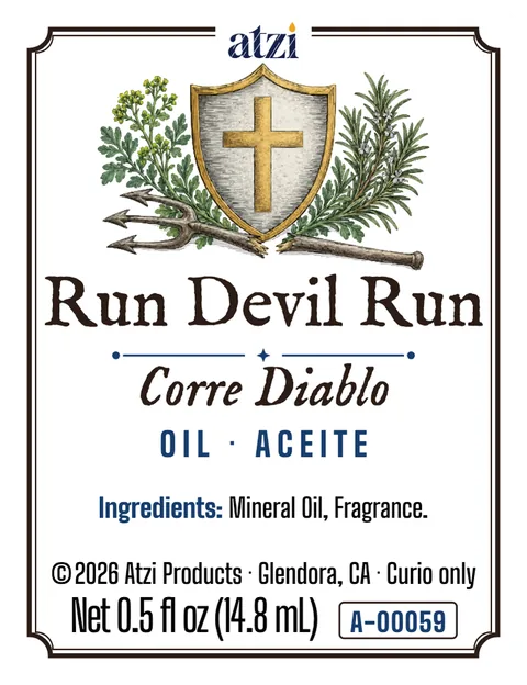 Front label of Run Devil Run spiritual oil