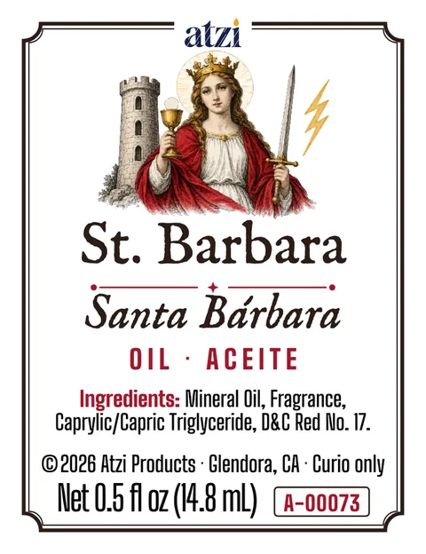 Front label of St. Barbara spiritual oil