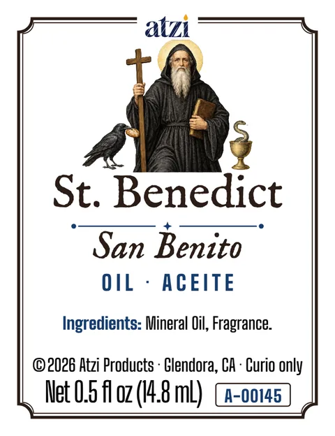 Front label of St. Benedict spiritual oil