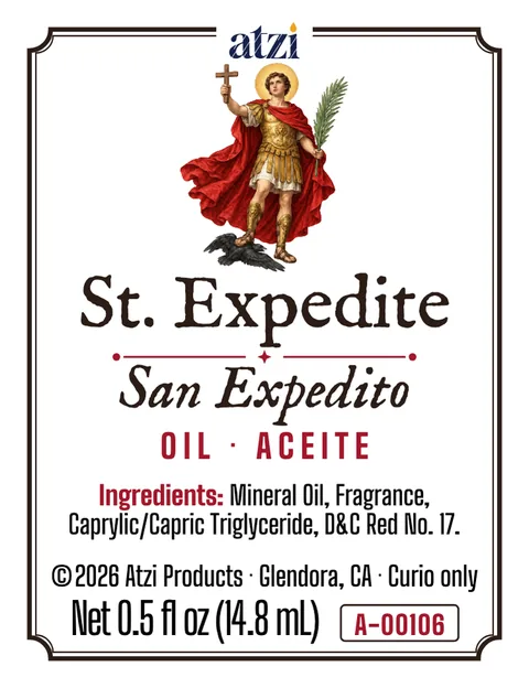 Front label of St. Expedite spiritual oil