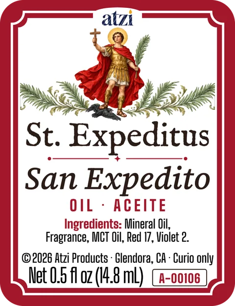 Front label of St. Expeditus spiritual oil