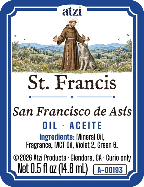 Front label of St. Francis spiritual oil