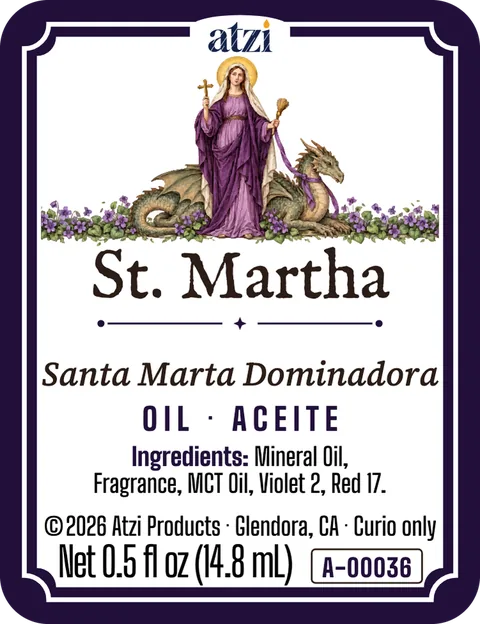 Front label of St. Martha spiritual oil