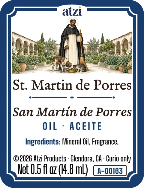 Etiqueta frontal del aceite espiritual San Martín de Porres