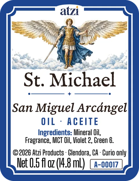 Etiqueta frontal del aceite espiritual San Miguel Arcángel