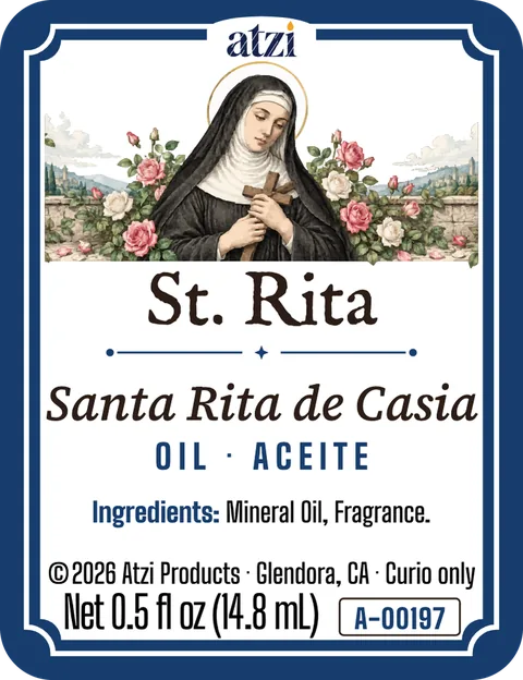 Front label of St. Rita spiritual oil