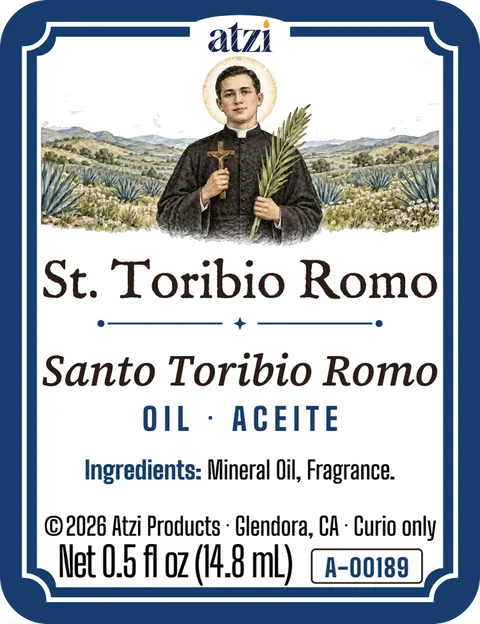 Front label of St. Toribio Romo spiritual oil