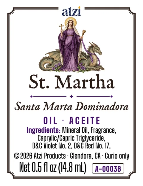 Etiqueta frontal del aceite espiritual Santa Marta Dominadora