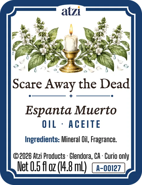 Front label of Scare Away the Dead spiritual oil