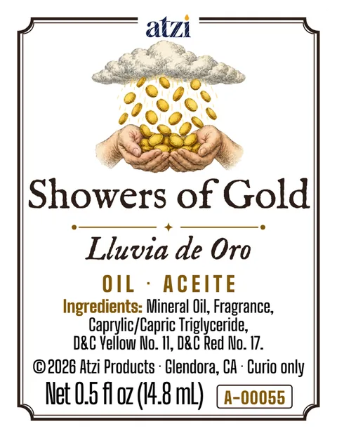 Etiqueta frontal del aceite espiritual Lluvia de Oro