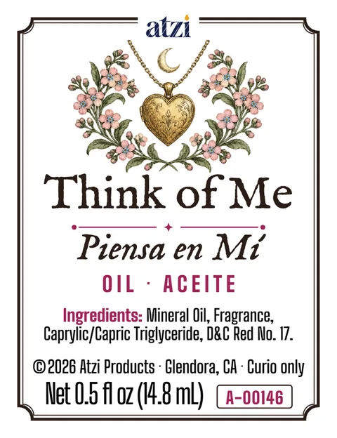 Front label of Think of Me spiritual oil