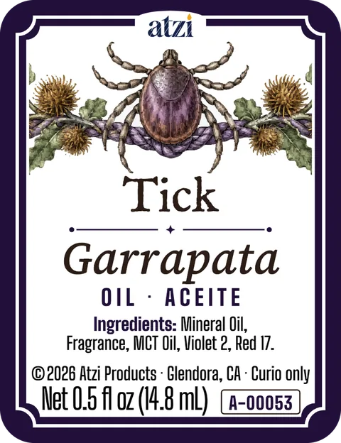 Etiqueta frontal del aceite espiritual Garrapata