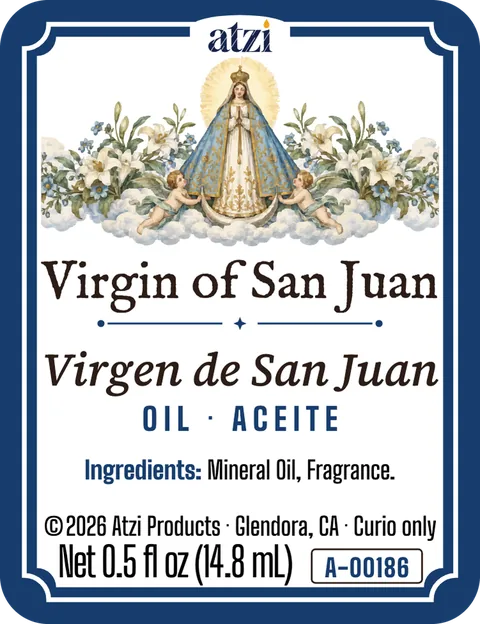 Etiqueta frontal del aceite espiritual Virgen de San Juan