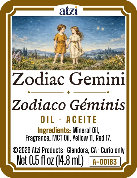 Front label of Zodiac Gemini spiritual oil