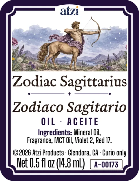 Front label of Zodiac Sagittarius spiritual oil
