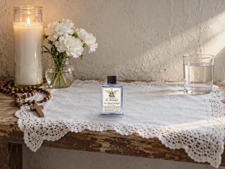 A St. Michael oil bottle on a lace-covered home altar with a lit candle, white carnations, a rosary and a glass of water