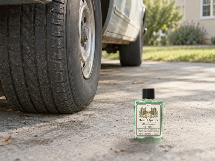 A Road Opener oil bottle on a driveway beside the front tire of a parked car