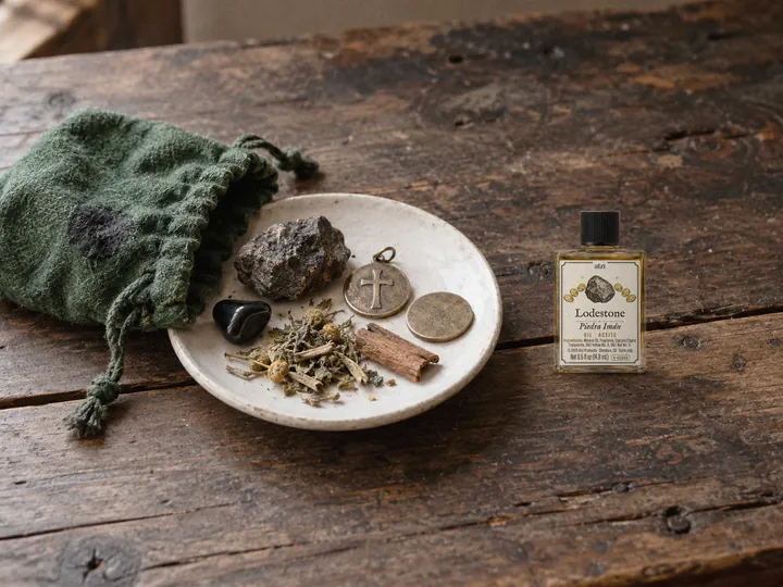 A green charm bag emptied onto a saucer with a lodestone, a jet charm, a cross medal, a coin and herbs, beside an oil bottle