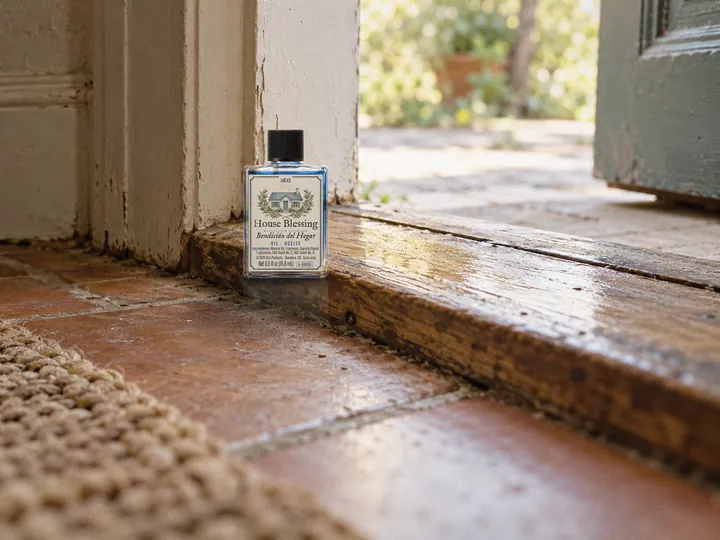 An oil bottle on a wooden doorstep with a thin line of oil along the step and the front door open to the morning
