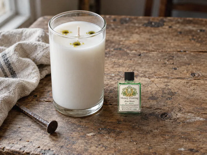 A seven-day candle with three holes in the wax and drops of oil around the wick, next to a nail and a Money Drawing oil bottle