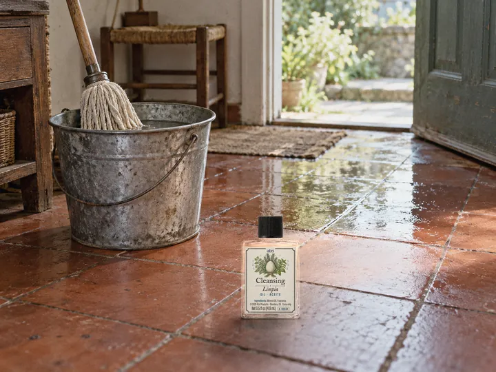 A mop bucket on a freshly mopped tile floor by the open front door, with an oil bottle beside it