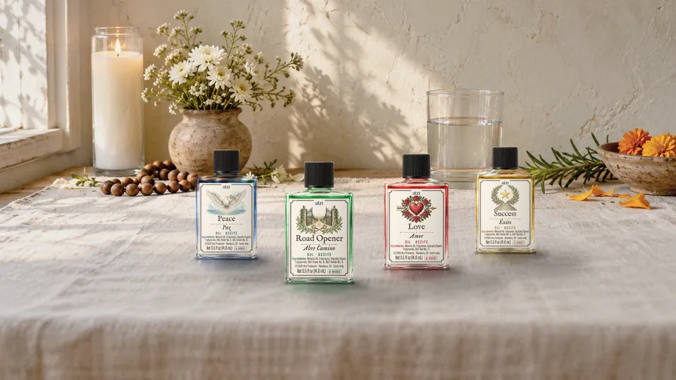 Spiritual oil bottles on a linen-covered home altar with a candle, flowers and a glass of water