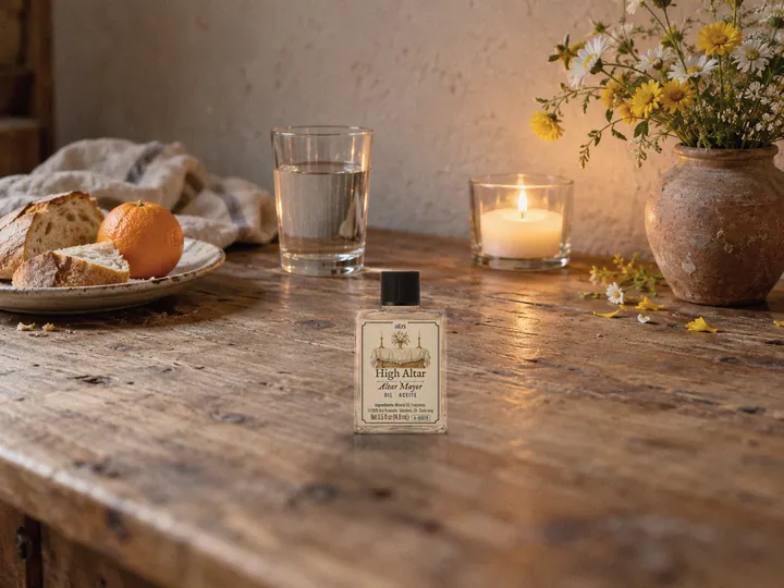 An offering of bread, an orange, water, flowers and a lit candle on a wooden table with an oil bottle