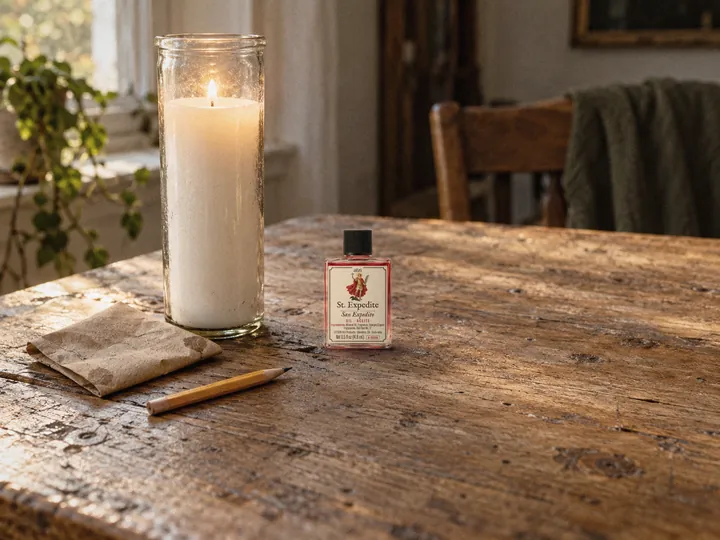 A folded brown-paper prayer with oil on its corners beside a lit seven-day candle and an oil bottle