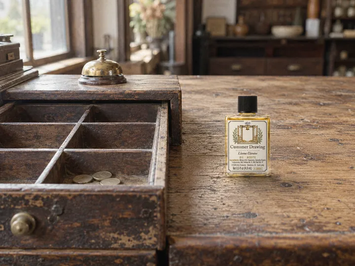 An open wooden cash drawer with coins on a shop counter beside an oil bottle