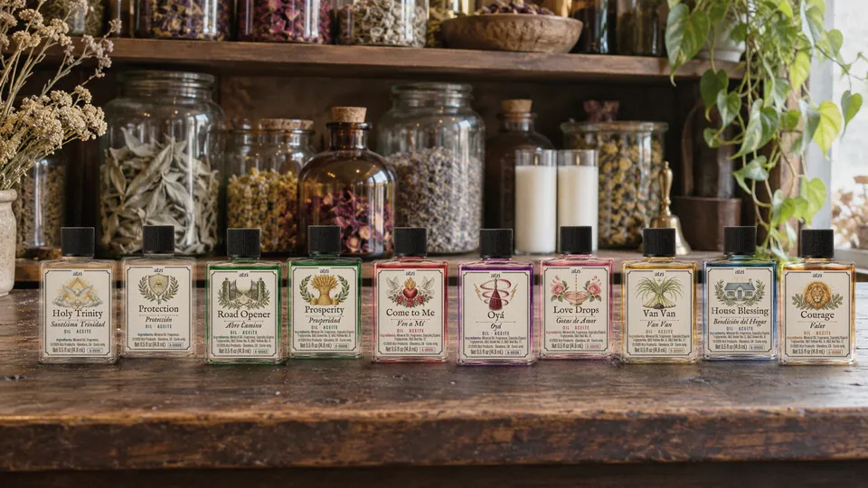 Wooden shelves lined with oil bottles in clear, green, red, purple, pink, gold, blue and orange