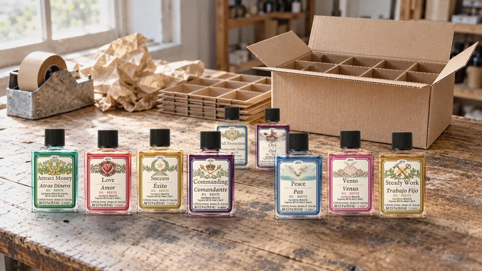 Frascos de aceite empacados por docena en una caja con divisiones sobre una mesa de empaque