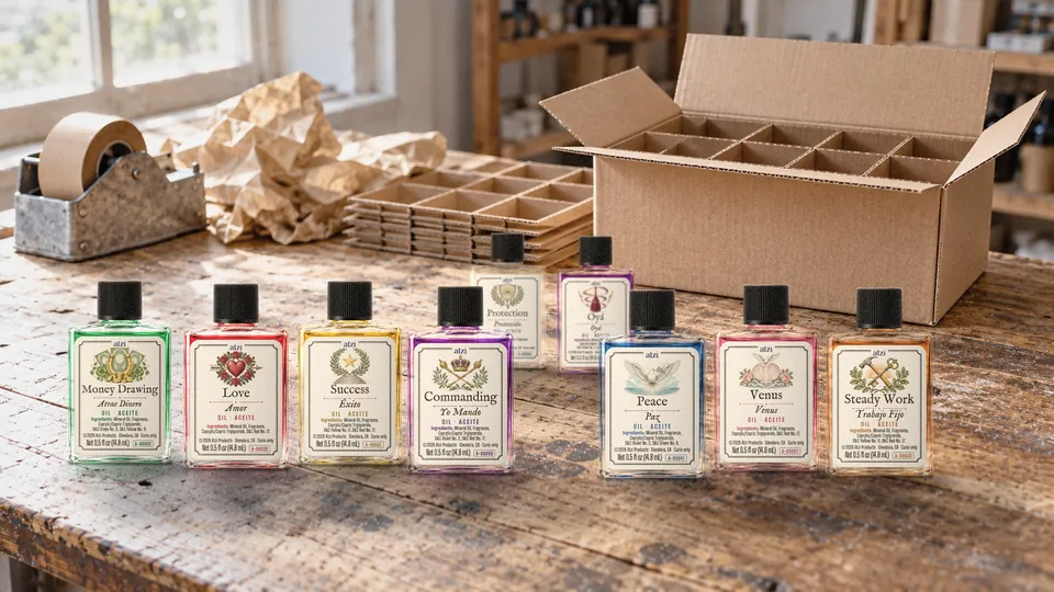 Frascos de aceite empacados por docena en una caja con divisiones sobre una mesa de empaque