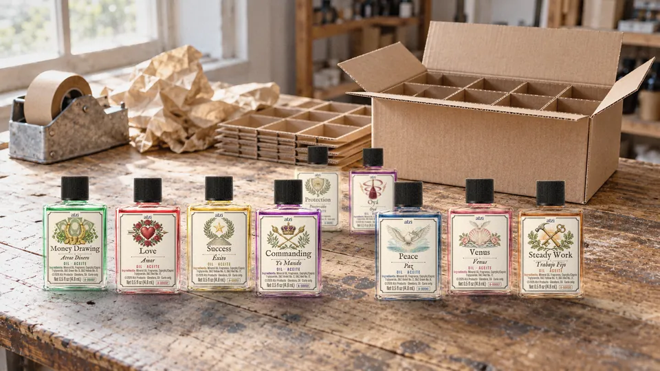 Frascos de aceite empacados por docena en una caja con divisiones sobre una mesa de empaque